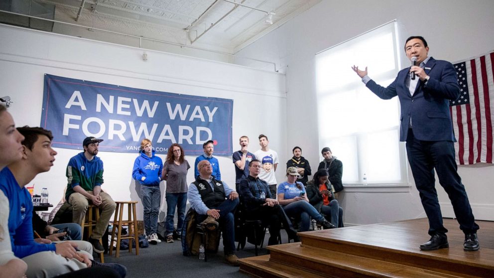 PHOTO: Democratic presidential candidate Andrew Yang speaks during a power point presentation at a campaign stop at the Octagon Center For the Arts, Jan. 14, 2020, in Aimes, Iowa. 