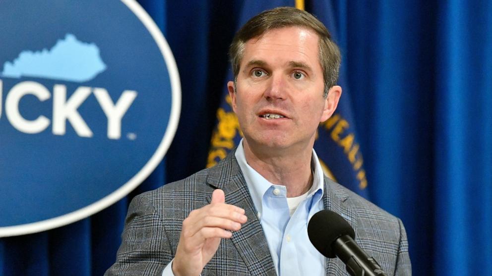 PHOTO: Kentucky Gov. Andy Beshear speaks in the Rotunda of the state Capitol, Mar. 26, 2024, in Frankfort, Ky. 