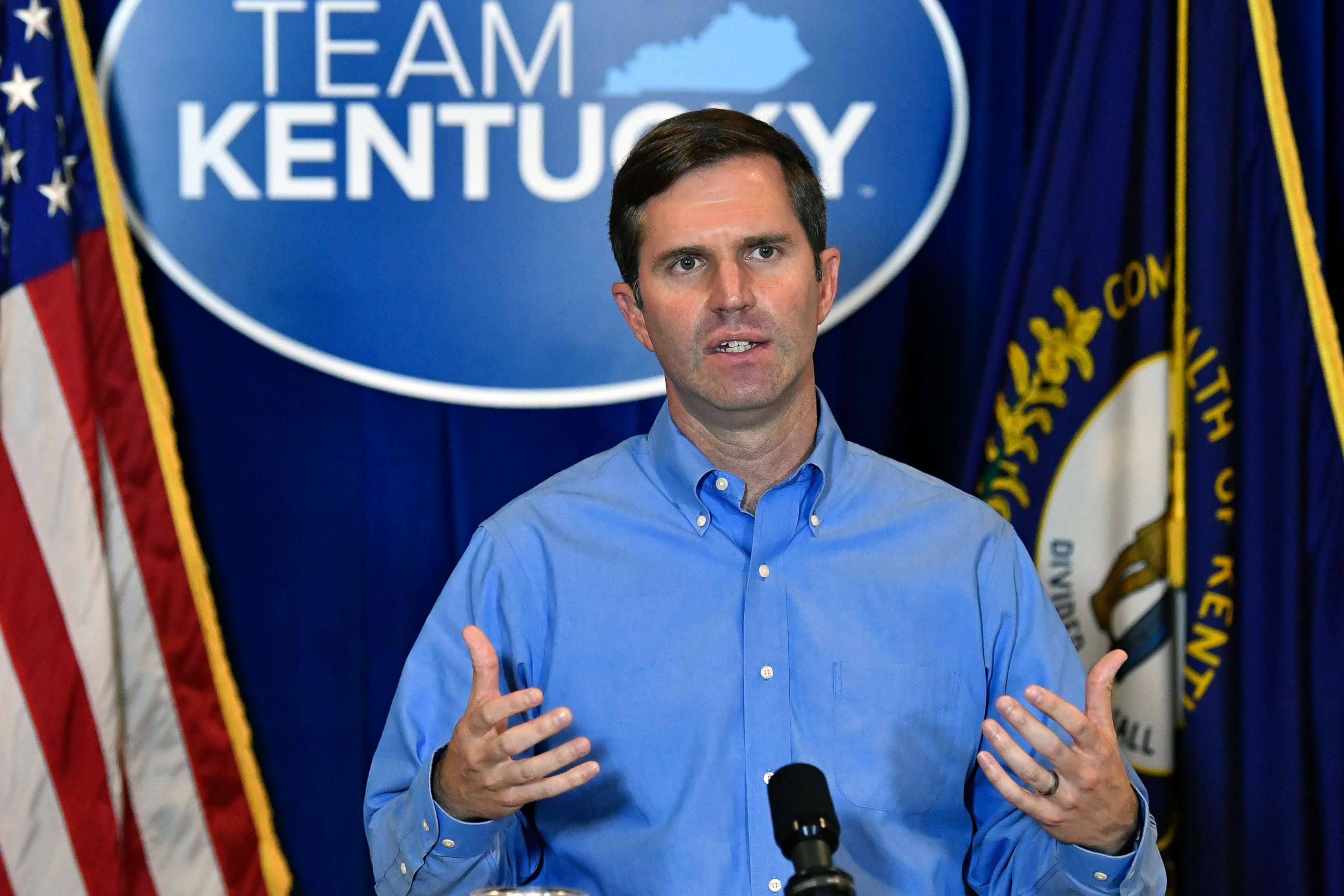 PHOTO: Kentucky Governor Andy Beshear addresses the media following the return of a grand jury investigation into the death of Breonna Taylor at the Kentucky State Capitol in Frankfort, Ky., Sept. 23, 2020.