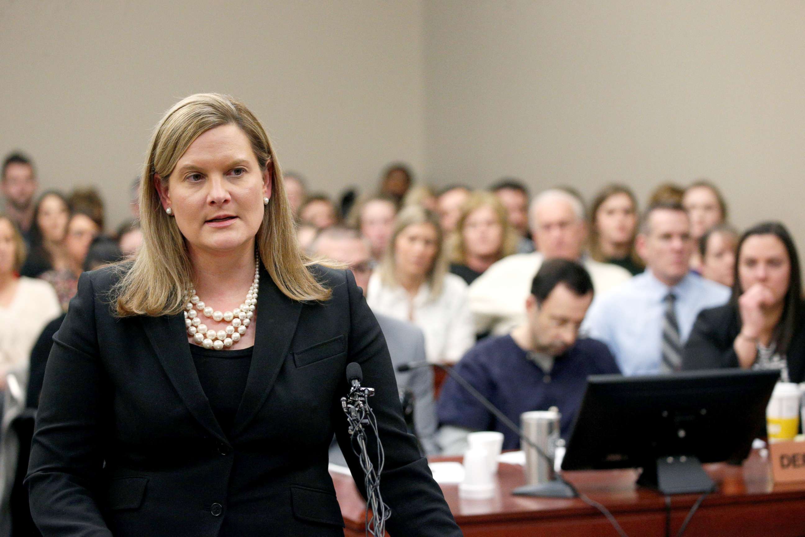 PHOTO: Prosecutor Angela Povilaitis speaks at the sentencing hearing for Larry Nassar, a former team USA Gymnastics doctor who pleaded guilty in Nov. 2017 to sexual assault charges, in Lansing, Michigan, Jan. 24, 2018. 