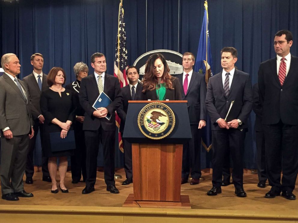 PHOTO: Angela Stancik of Houston speaks at the Justice Department in Washington, as Attorney General Jeff Sessions, acting FBI Director David Bowdich and others listen, Feb. 22, 2018.
