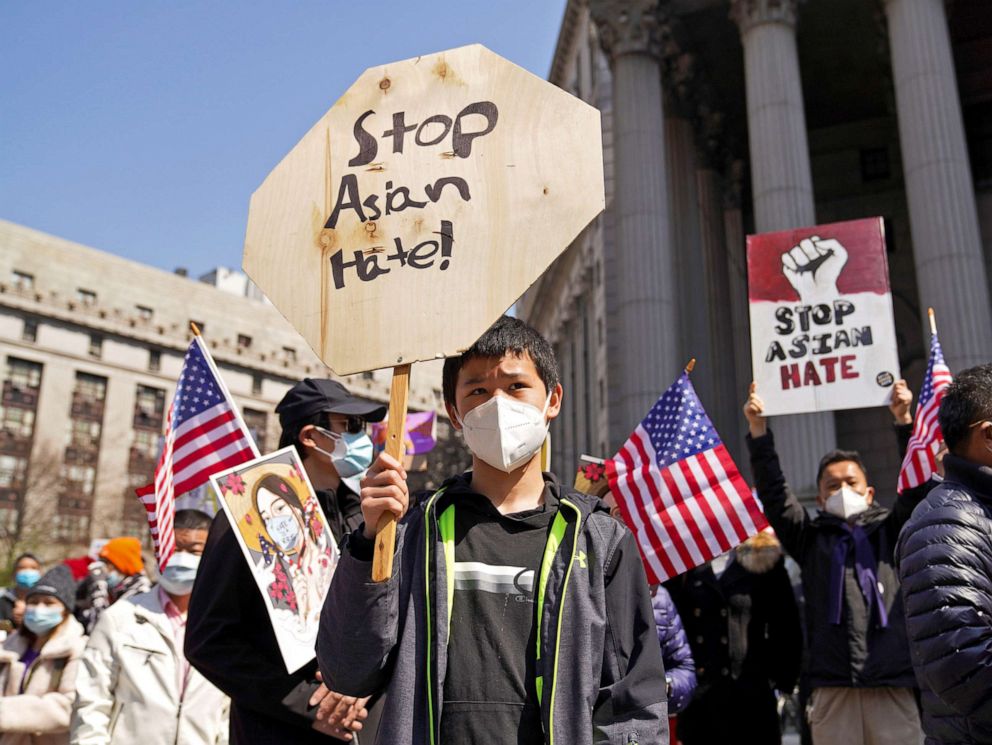 PHOTO: People rally to protest against anti-Asian hate crimes on Foley Square in New York, April 4, 2021. 