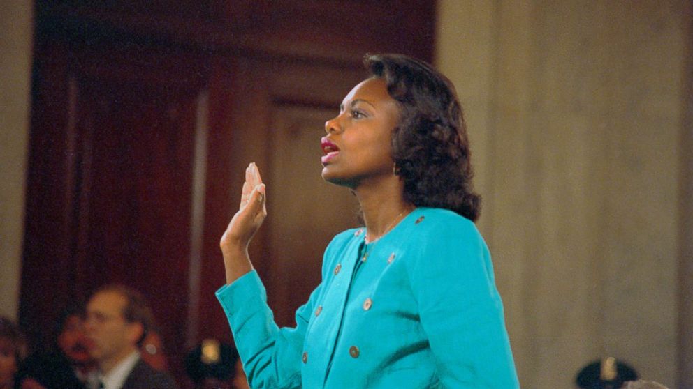 PHOTO: Professor Anita Hill is sworn-in before testifying at the Senate Judiciary hearing on the Clarence Thomas Supreme Court nomination. Miss Hill testified on her charges of alleged sexual harassment by Judge Thomas, Oct. 11, 1991.