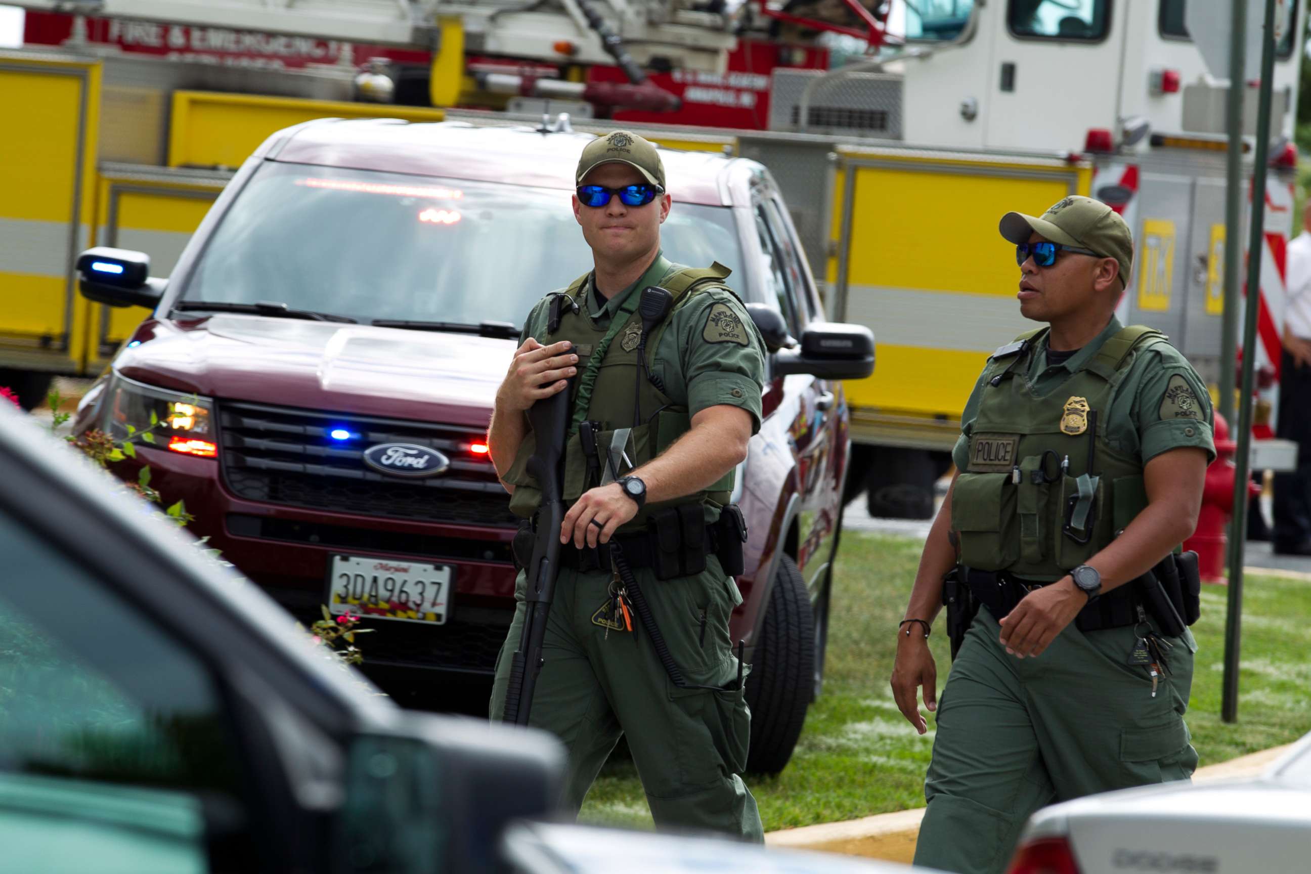 PHOTO: Maryland police officers patrol the area after multiple people were shot at at The Capital Gazette newspaper in Annapolis, Md., June 28, 2018.