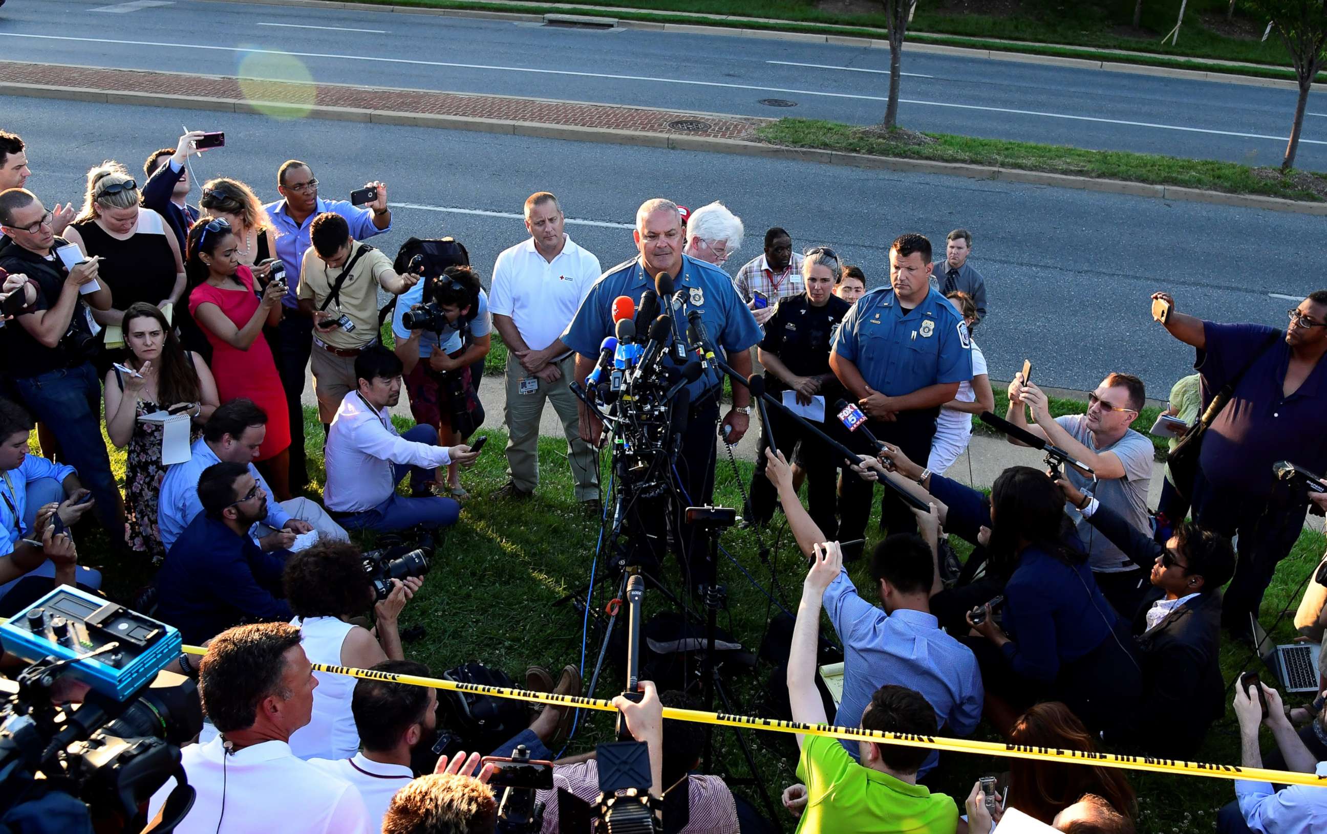 PHOTO: A police officer speaks to the media near the scene of a mass shooting in Annapolis, Maryland, June 28, 2018.