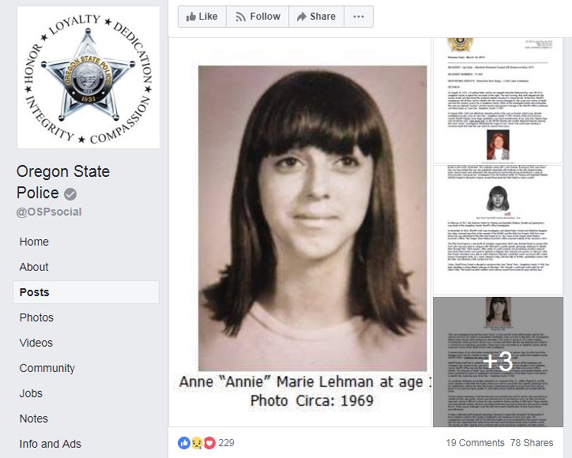 PHOTO: Oregon State Police released this image with a press statement that skeletal remains found in 1971 have been positively identified as Anne Marie Lehman.