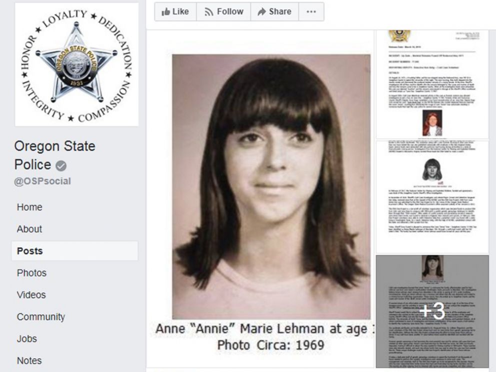 PHOTO: Oregon State Police released this image with a press statement that skeletal remains found in 1971 have been positively identified as Anne Marie Lehman.