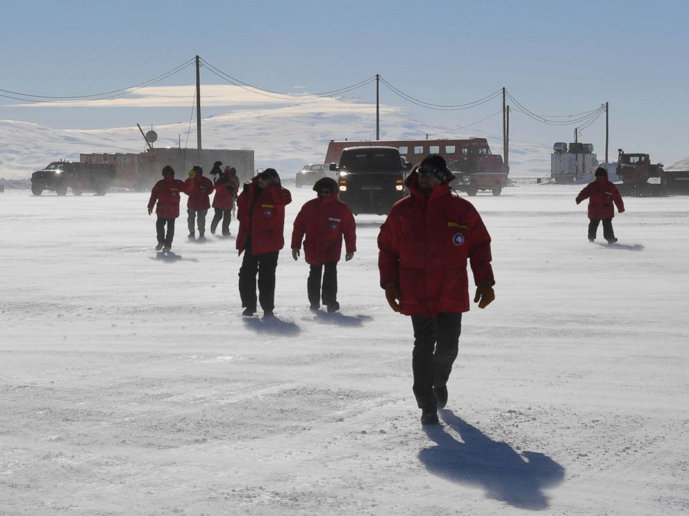 PHOTO: Staff arrive to greet a visitor at McMurdo Station in Antarctica on Nov. 11, 2016.