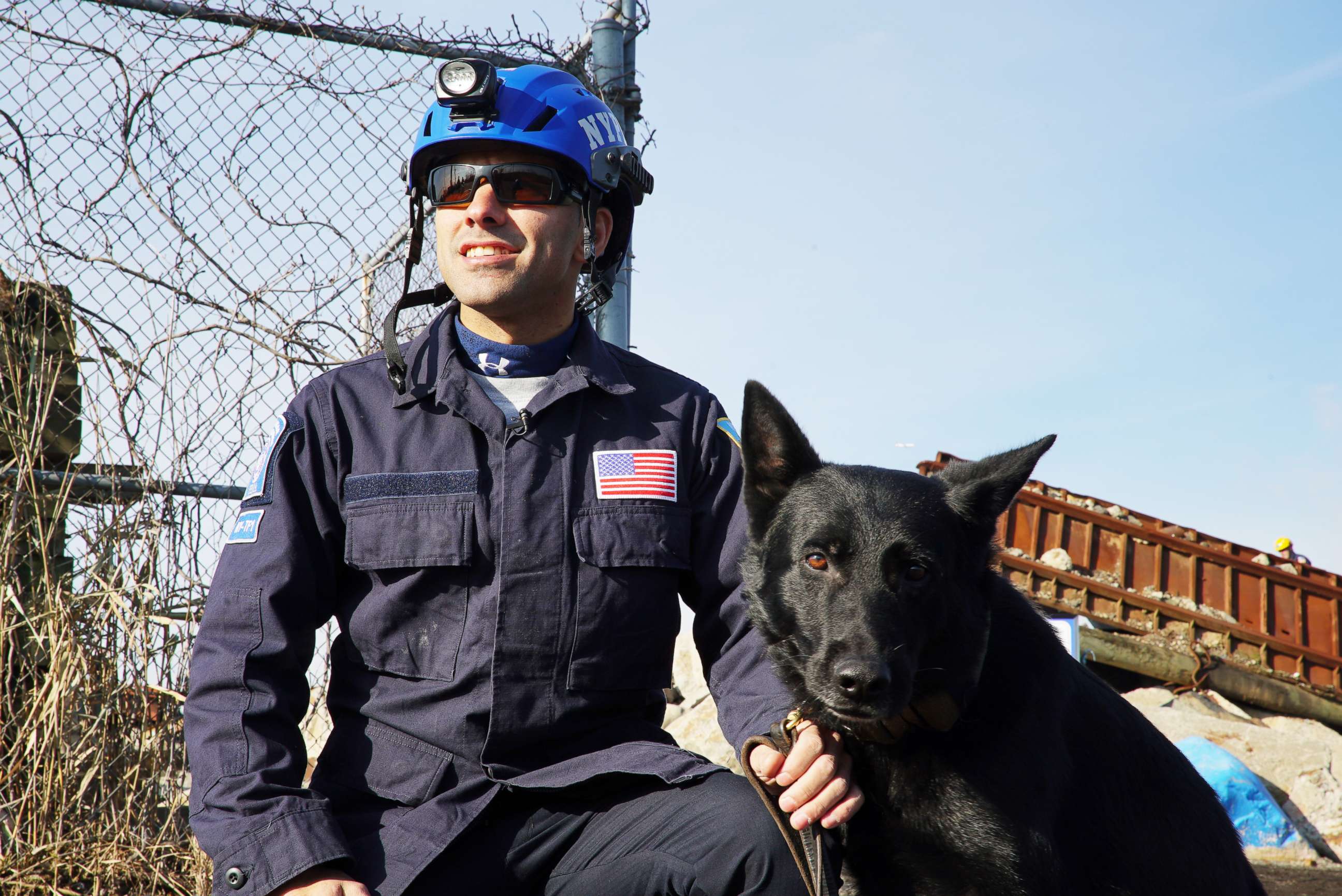 PHOTO: Bruno with his handler NYPD Officer Anthony Barreto at the FEMA Urban Search and Rescue team exam.