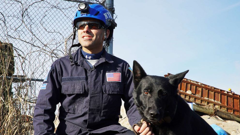 PHOTO: Bruno with his handler NYPD Officer Anthony Barreto at the FEMA Urban Search and Rescue team exam.