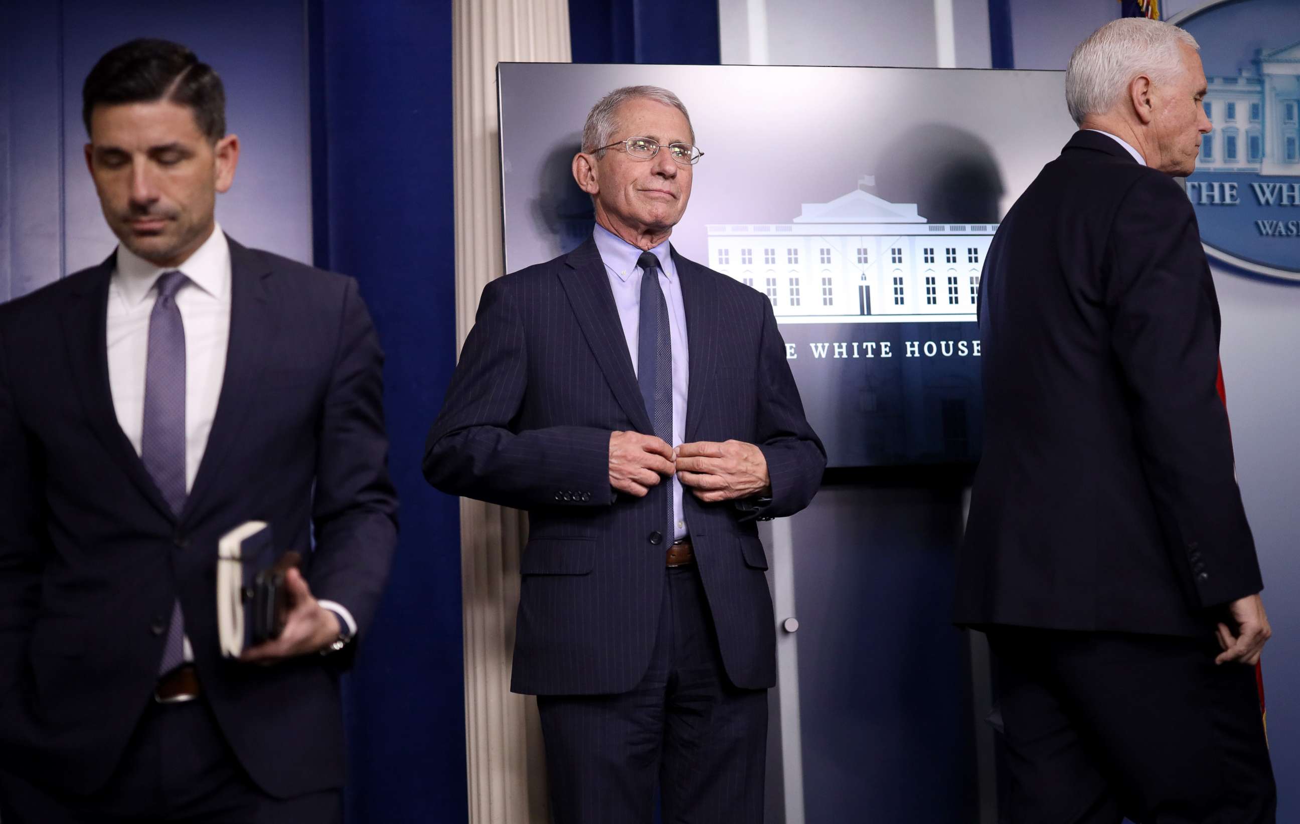 PHOTO: Dr. Anthony Fauci, director of the National Institute of Allergy and Infectious Diseases, awaits the start of the daily briefing by the White House Coronavirus Task Force, April 1, 2020, in Washington.