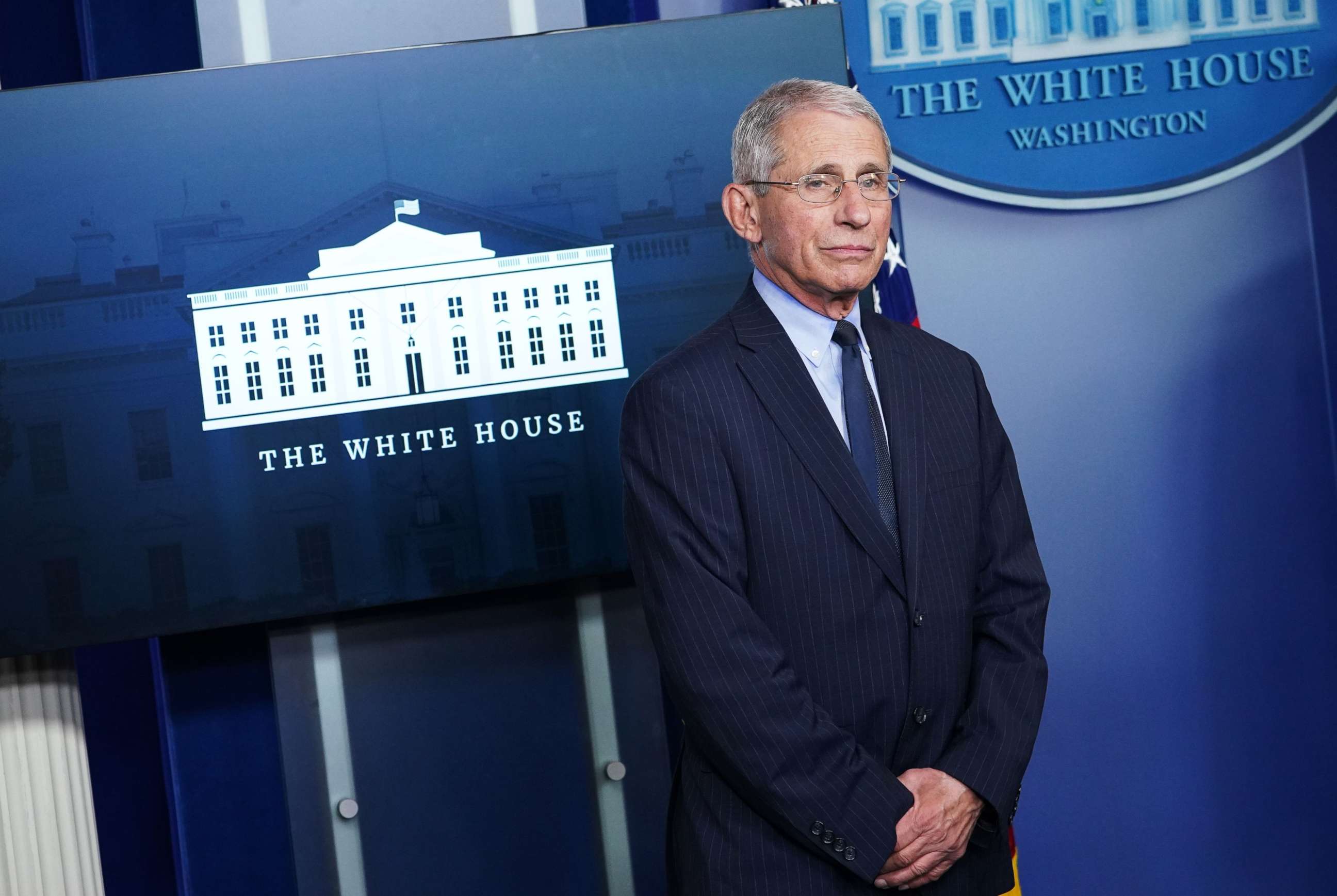 PHOTO: Director of the National Institute of Allergy and Infectious Diseases Dr. Anthony Fauci takes part in the daily briefing on the novel coronavirus, COVID-19, in the Brady Briefing Room at the White House on April 1, 2020, in Washington.