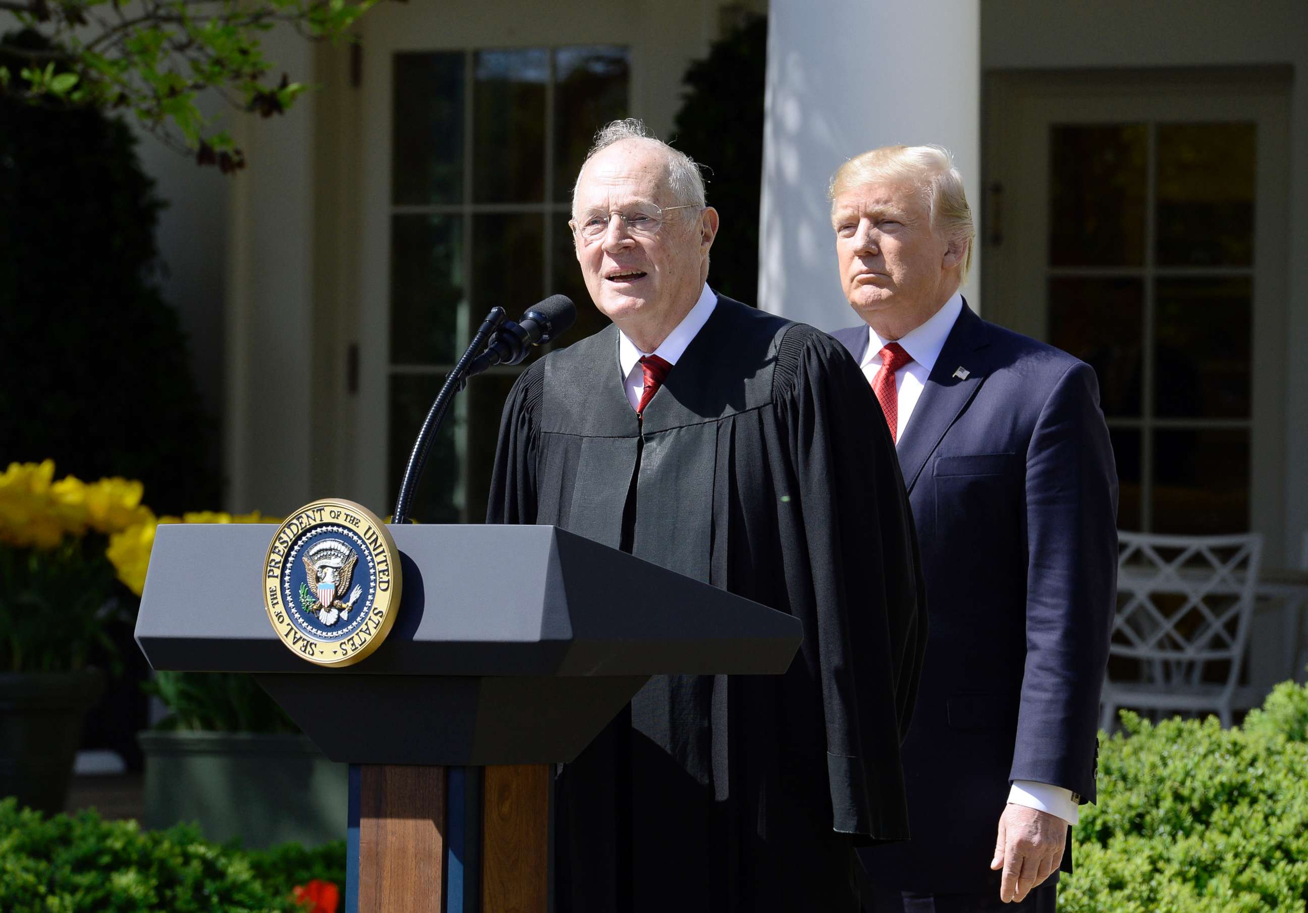 PHOTO: Justice Anthony Kennedy speaks as President Donald trump looks on before Neil Gorsuch is swearing in as an Associate Justice of the Supreme Court during a ceremony at the White House Rose Garden, April 10, 2017, in Washington.