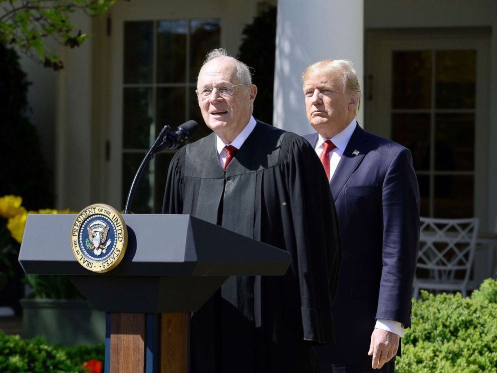 PHOTO: Justice Anthony Kennedy speaks as President Donald trump looks on before Neil Gorsuch is swearing in as an Associate Justice of the Supreme Court during a ceremony at the White House Rose Garden, April 10, 2017, in Washington.