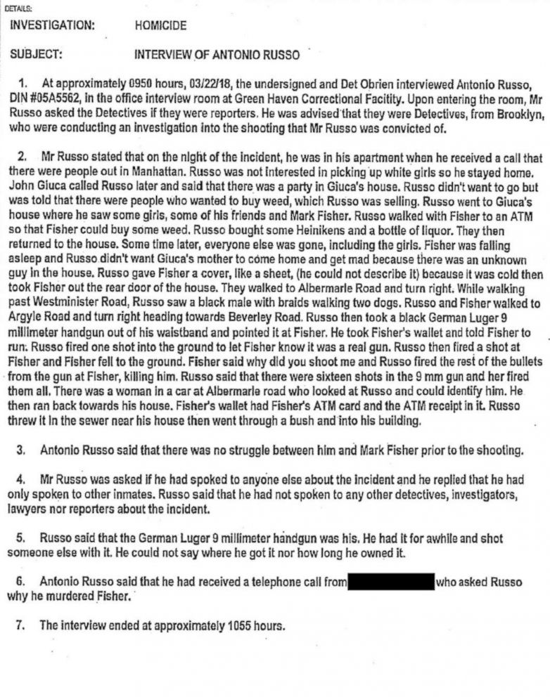 PHOTO: Anthony Russo's affidavit in which he confesses to shooting Mark Fisher.