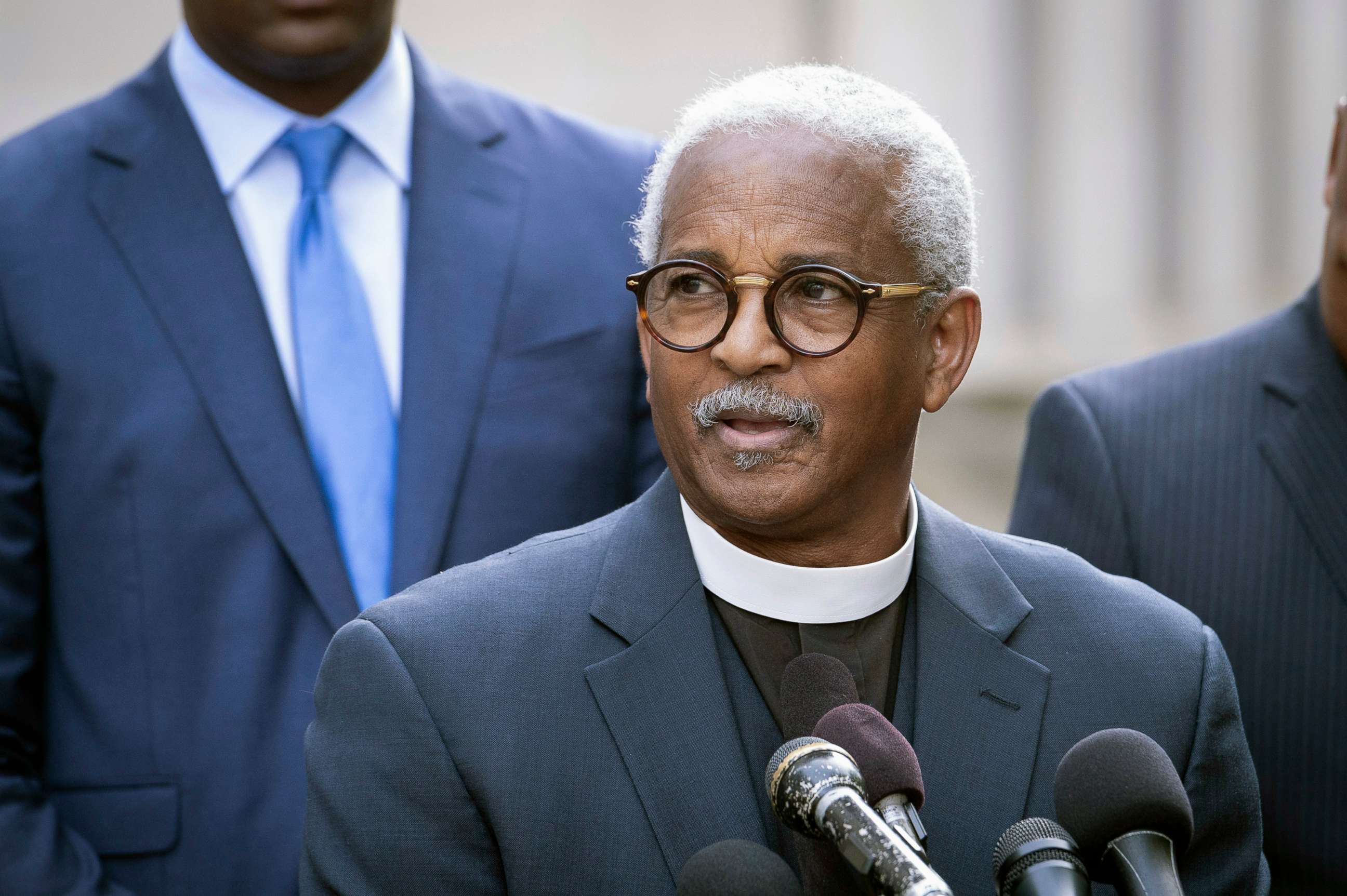PHOTO: The Rev. Anthony Thompson, his wife Myra was killed while leading Bible study during the 2015 Mother Emanuel AME Church shooting in South Carolina, speaks with reporters outside the Justice Department, in Washington, D.C., on Oct. 28, 2021.
