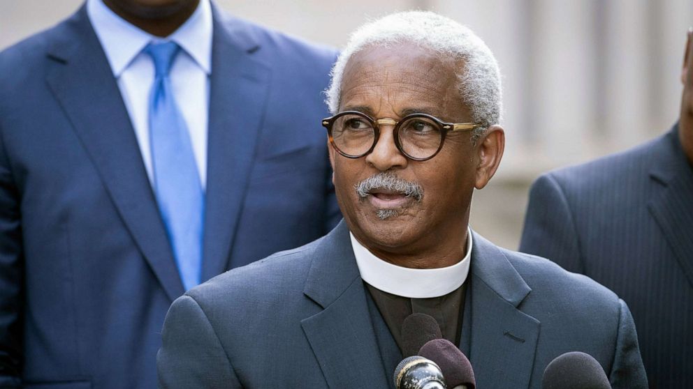 PHOTO: The Rev. Anthony Thompson, his wife Myra was killed while leading Bible study during the 2015 Mother Emanuel AME Church shooting in South Carolina, speaks with reporters outside the Justice Department, in Washington, D.C., on Oct. 28, 2021.