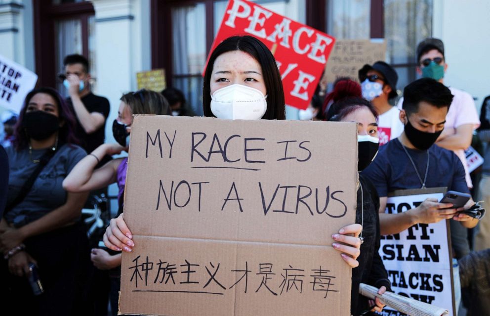 People demonstrate against anti-Asian violence and racism on March 27, 2021, in Los Angeles.
