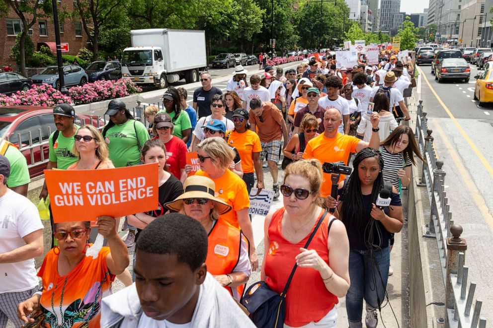 PHOTO: New Yorkers march during Youth Over Guns March across the Brooklyn Bridge, June 2, 2018.