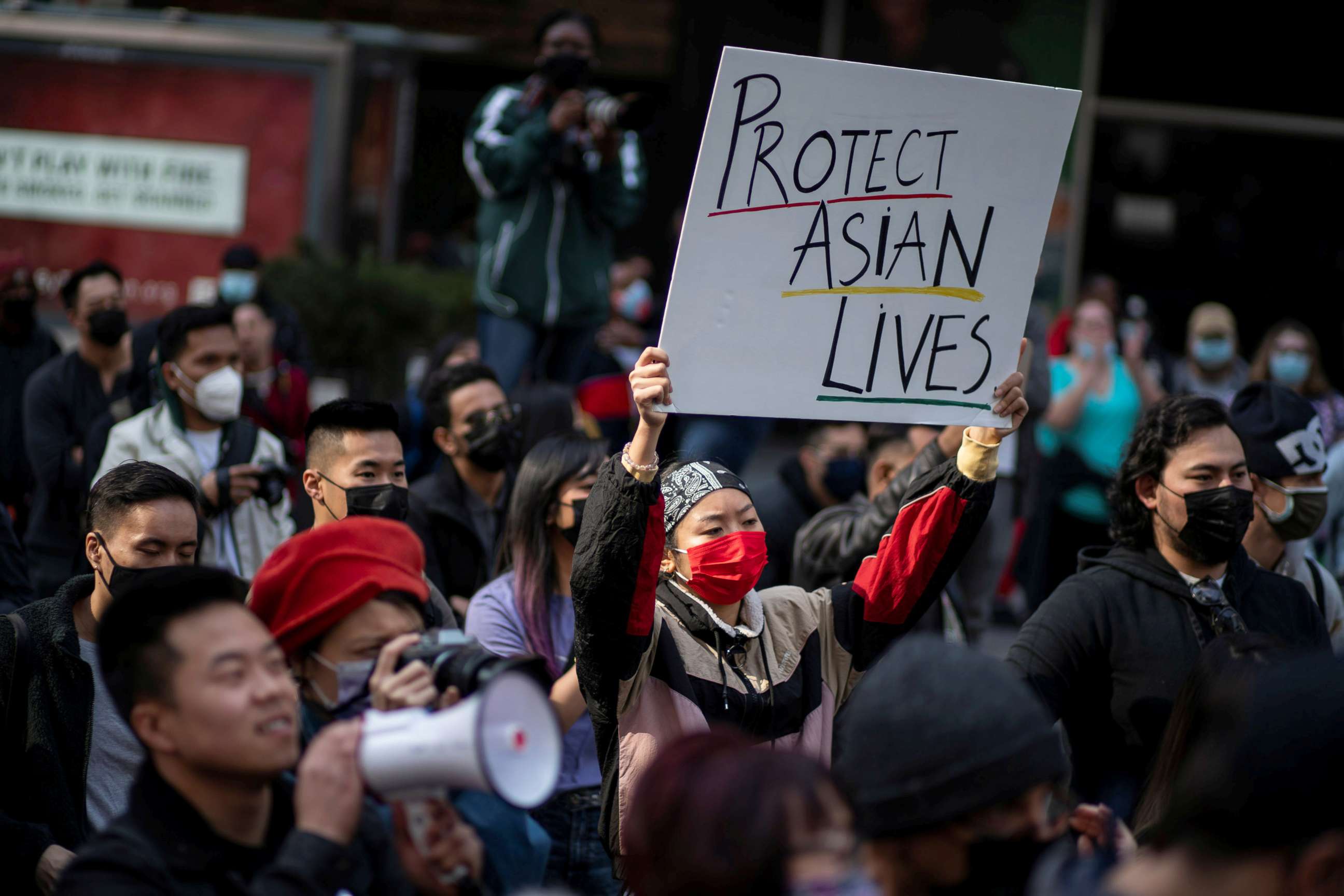 PHOTO: People participate in a Stop Asian Hate rally at Times Square in New York City,  April 4, 2021.