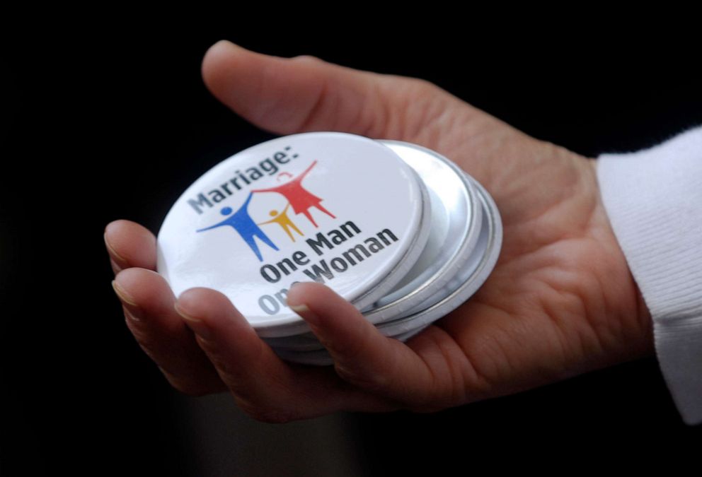 PHOTO: Anti-gay marriage pins at a rally supporting the Marriage Protection Amendment in Upper Senate Park, June 06, 2006, Washington DC.
