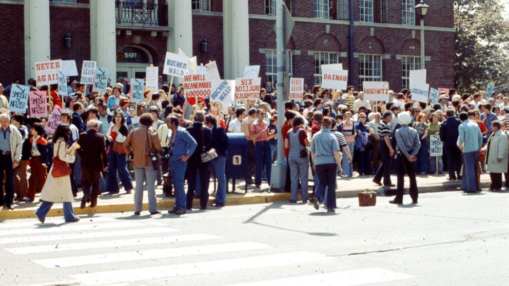PHOTO: Protesters are pictured at an Anti-Nazi demonstration in front of the Skokie village hall, May 1977.