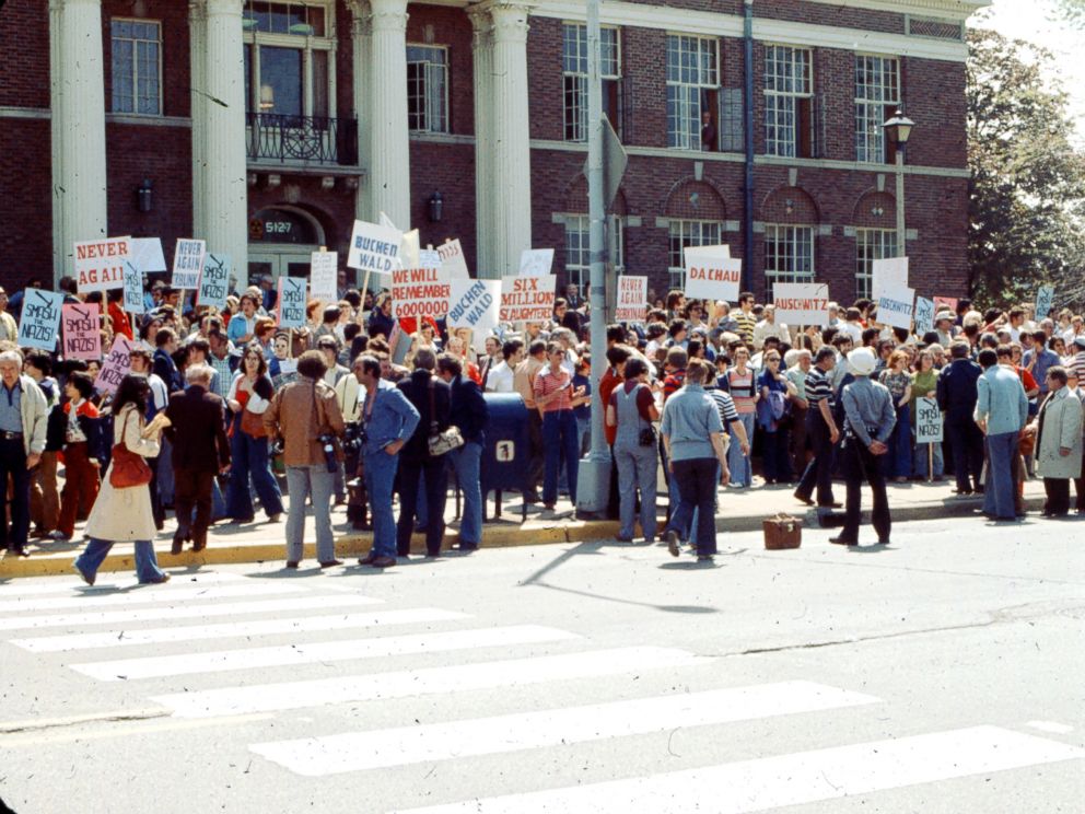 PHOTO: Protesters are pictured at an Anti-Nazi demonstration in front of the Skokie village hall, May 1977.