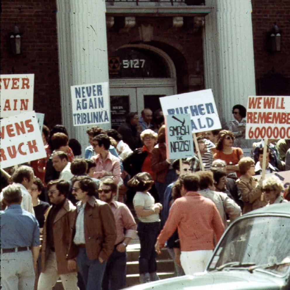 PHOTO: Protesters are pictured at an Anti-Nazi demonstration in front of the Skokie village hall, May 1977.
