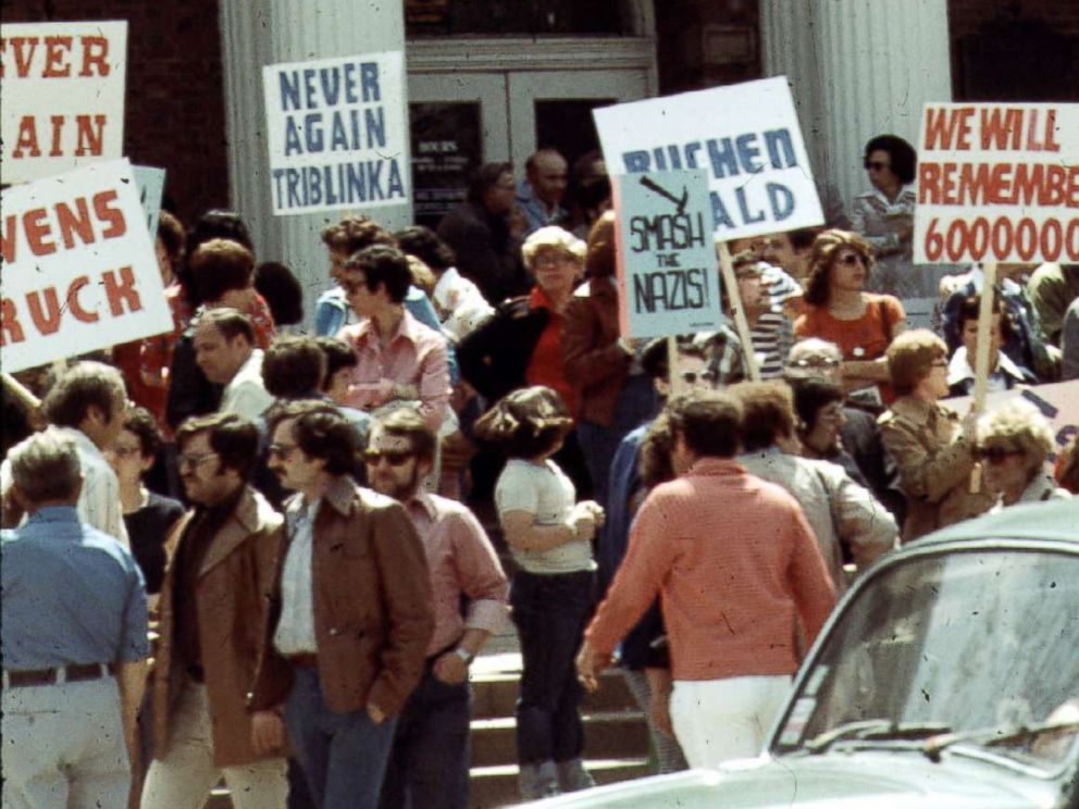 PHOTO: Protesters are pictured at an Anti-Nazi demonstration in front of the Skokie village hall, May 1977.