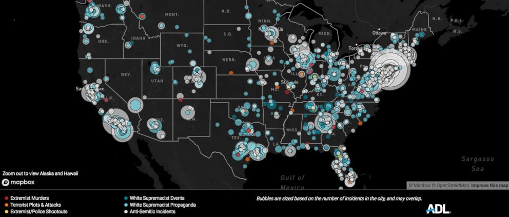 PHOTO: The Anti-Defamation League released a map that the group says includes anti-Semitic incidents, white supremacist rallies, extremist shootouts with police, extremist-related murders and extremist plots and attacks.