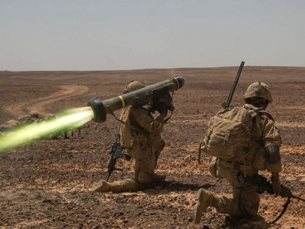 PHOTO: An FGM-148 Javelin Portable Anti-Tank Missile is fired during an exercise May 14, 2017 by members of the U.S. Army in Wadi Shadiya, Jordan. 