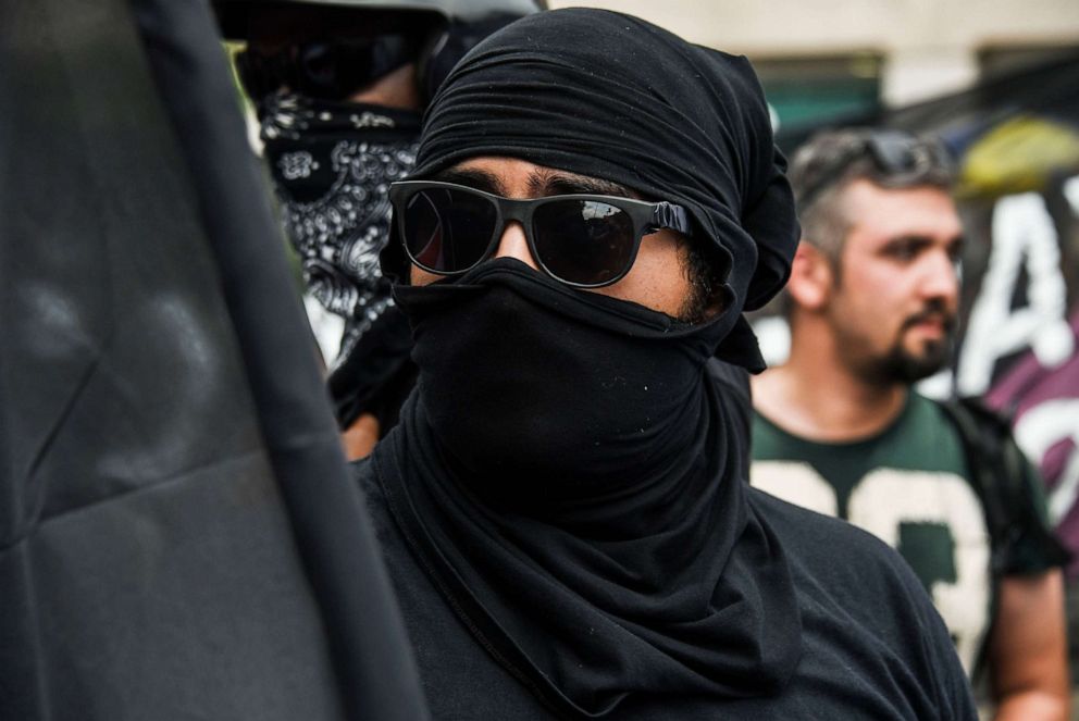 PHOTO: In this Aug. 12, 2018, file photo, a member of antifa is shown at the Unite the Right 2 rally in Washington, D.C., celebrating the first anniversary of the Unite The Right rally in Charlottesville, Va.