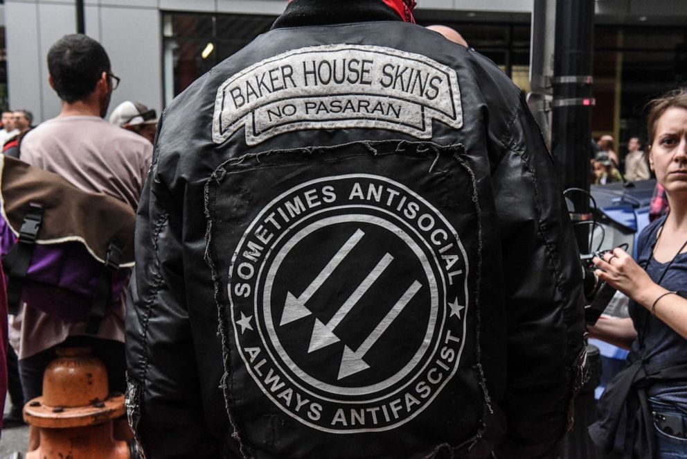 PHOTO: A counter-protester wears a jacket with an Antifa symbol during an alt-right rally on August 17, 2019 in Portland, Ore.
