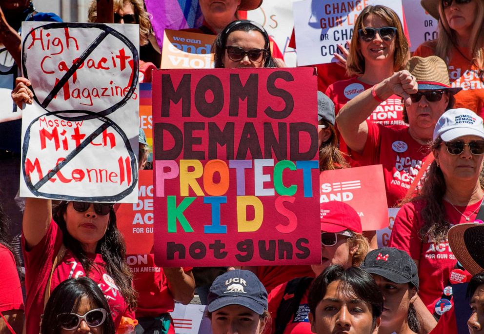 PHOTO: Protesters call for firearms control and protest against gun violence in the U.S. after a string of high profile massacres across the nation, at a rally in Los Angeles on Aug. 17, 2019.