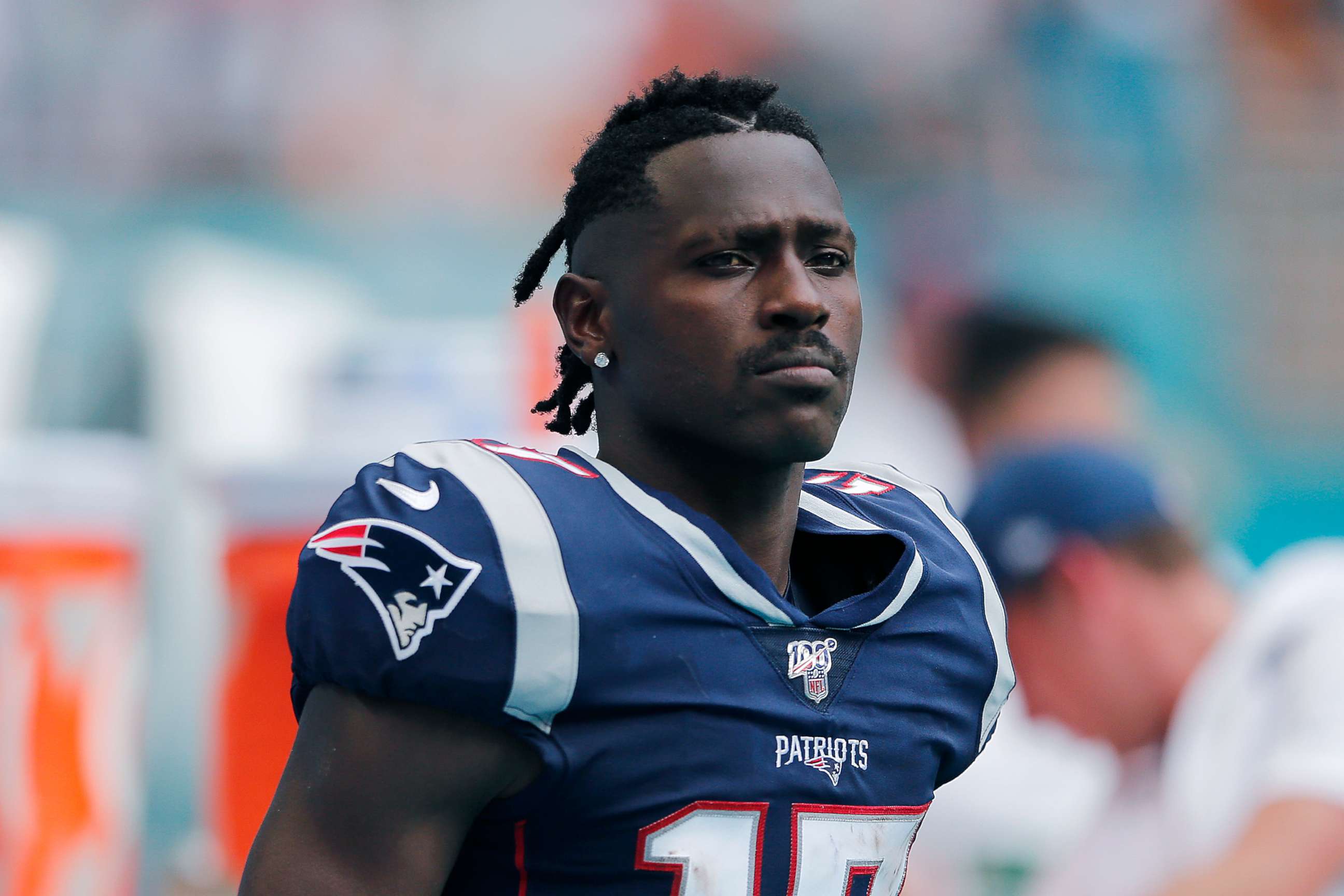 PHOTO: Antonio Brown #17 of the New England Patriots looks on against the Miami Dolphins, Sept. 15, 2019 in Miami. 