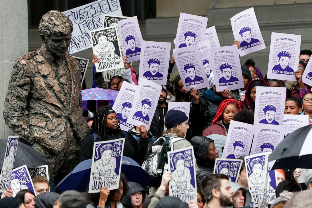 PHOTO: Marchers gather at the City-County building near the statue of former Pittsburgh Mayor Richard S. Caliguiri before taking to the streets in Pittsburgh, March 25, 2019. 