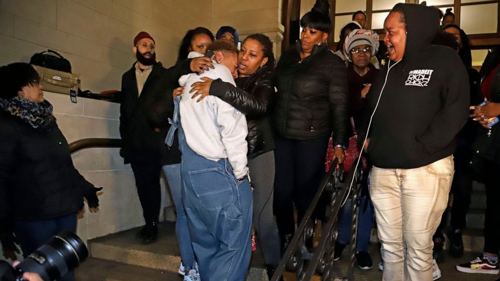 PHOTO: Michelle Kenney, center, the mother of Antwon Rose II, leaves the Allegheny County Courthouse with supporters after hearing the verdict of not guilty on all charges for a former police officer in East Pittsburgh, Pa., Friday, March 22, 2019.