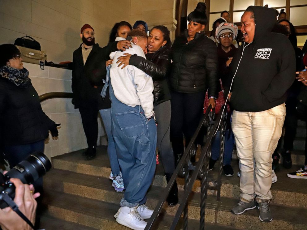 PHOTO: Michelle Kenney, center, the mother of Antwon Rose II, leaves the Allegheny County Courthouse with supporters after hearing the verdict of not guilty on all charges for a former police officer in East Pittsburgh, Pa., Friday, March 22, 2019.