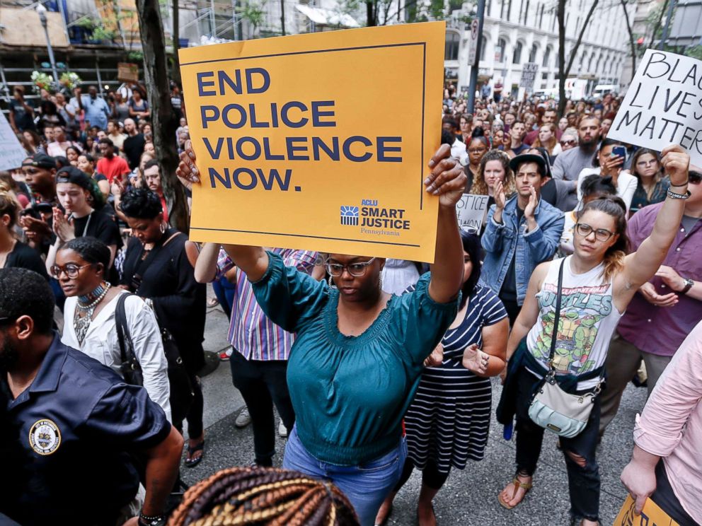 PHOTO: Protesters gather in front of the Allegheny County Courthouse on June 21, 2018 in Pittsburgh for the murder of Antwon Rose Jr.