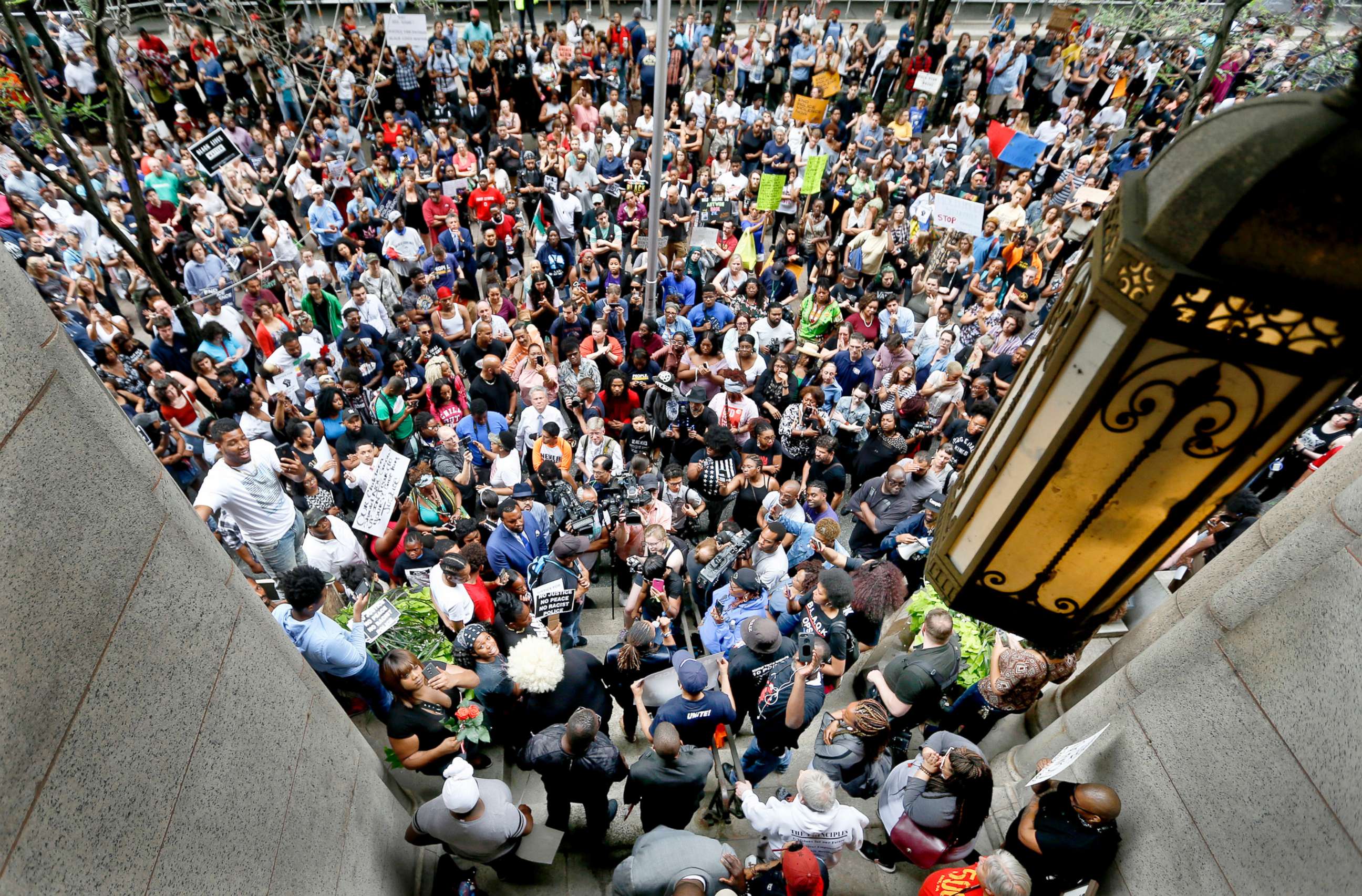 PHOTO: Protesters swarm the front of the Allegheny County Courthouse as they rally, June 21, 2018 in Pittsburgh for the killing of Antwon Rose Jr. who was fatally shot by a police officer.