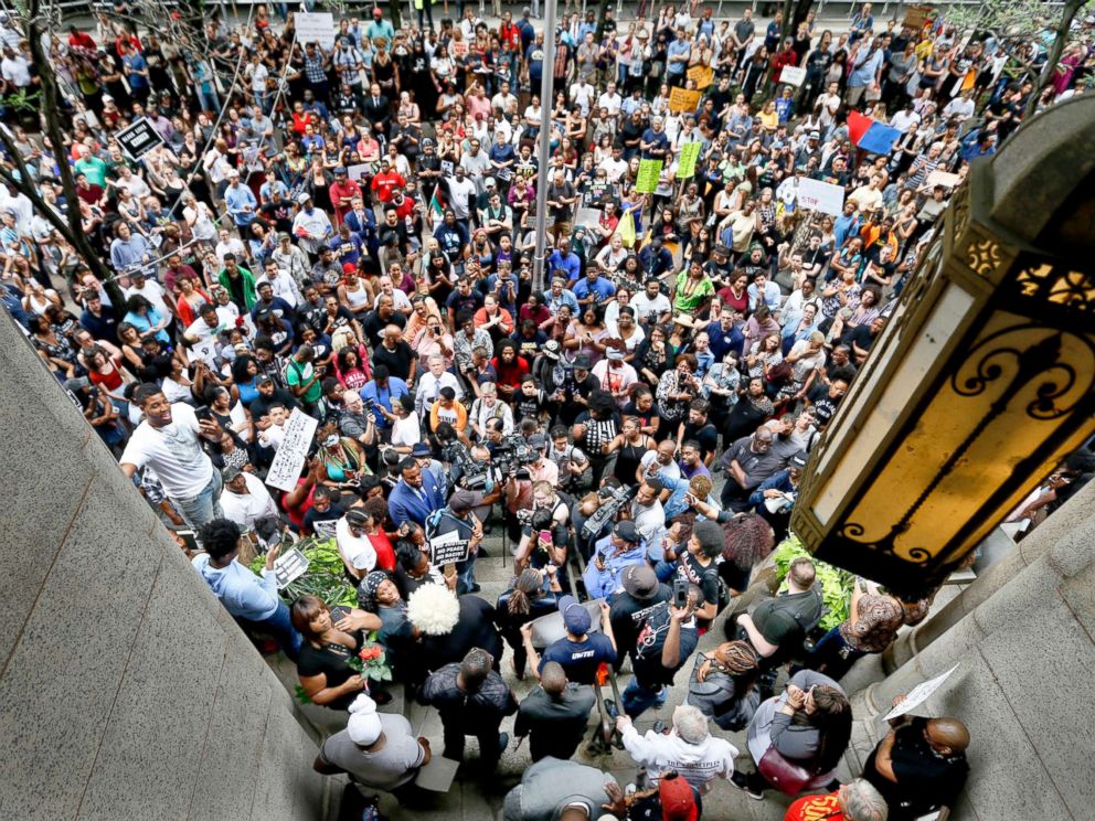 PHOTO: Demonstrators are trying the front of the Allegheny County Courthouse as they gather, June 21, 2018 in Pittsburgh, for the murder of Antwon Rose Jr. who was fatally wounded by a policeman.