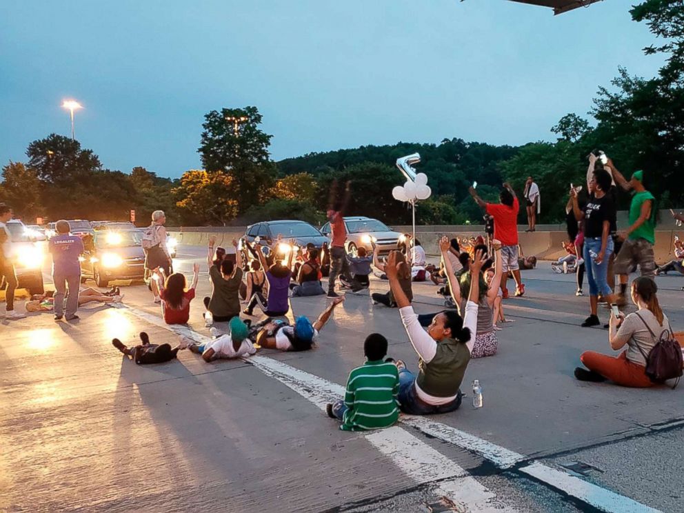 PHOTO: People protesting the East Pittsburgh police after the June 19 shooting death of Antwon Rose shut down Interstate 376 in Pittsburgh, June 21, 2018.