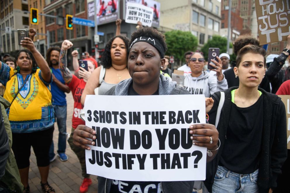 PHOTO: Chantel Wilkerson, 24, of Braddock, Pa., joins a protest a day after the funeral of Antwon Rose II on June 26, 2018 in Pittsburgh.