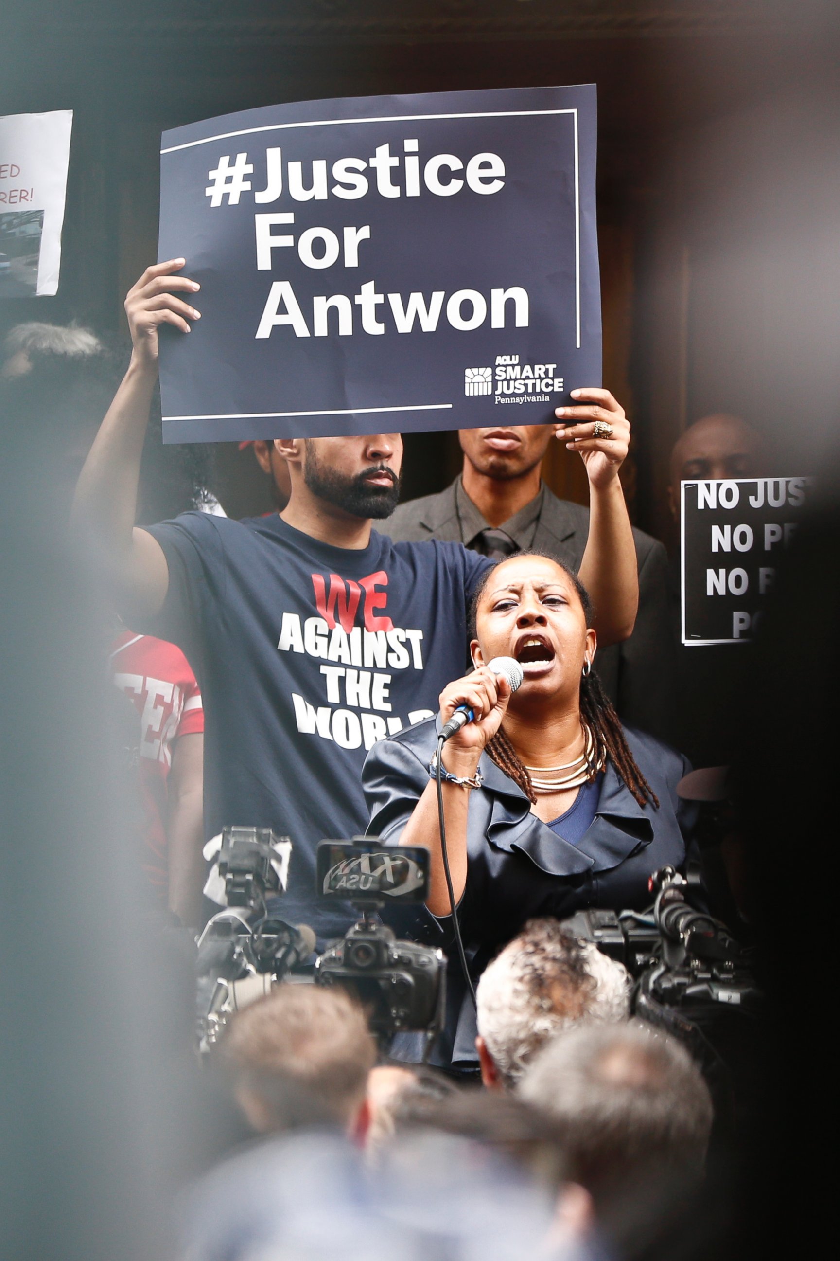 Protesters listen to one of the speakers as they rally in front of the Allegheny County Courthouse on Thursday, June 21, 2018, in Pittsburgh. Antwon Rose Jr. was fatally shot by a police officer seconds after he fled a traffic stop late Tuesday.