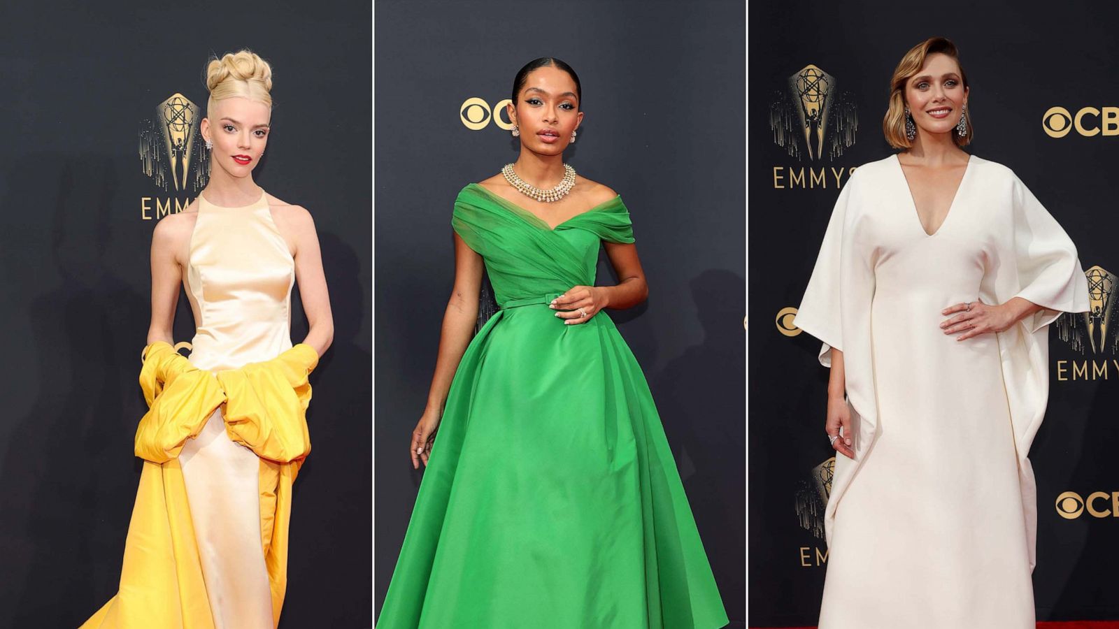 PHOTO: Anya Taylor-Joy, Yara Shahidi, and Elizabeth Olsen arrive for the 73rd Annual Emmy Awards on Sept. 19, 2021, in Los Angeles.