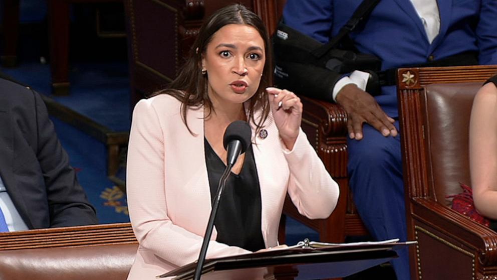 PHOTO: Rep. Alexandria Ocasio-Cortez speaks on the floor of the House of Representatives in Washington, July 2, 2025.