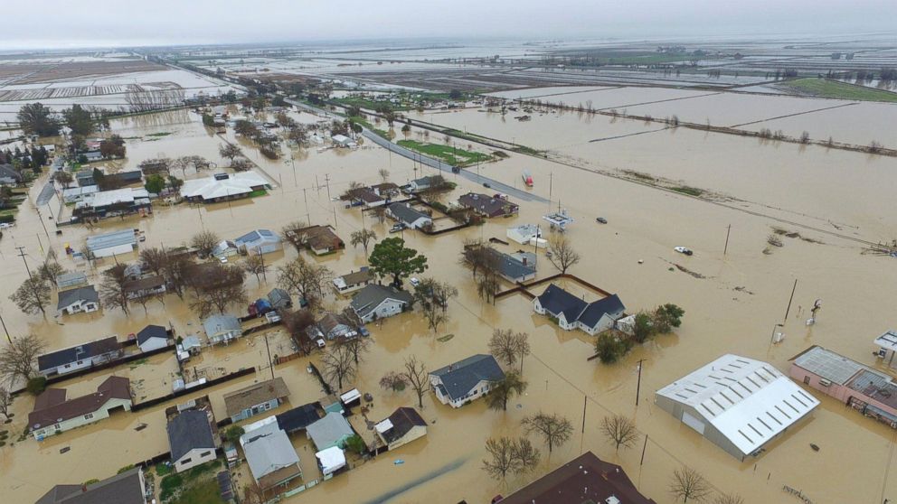 PHOTO: This aerial photo, shows major flooding in Maxwell, Colusa County, California, Feb. 18, 2017. 