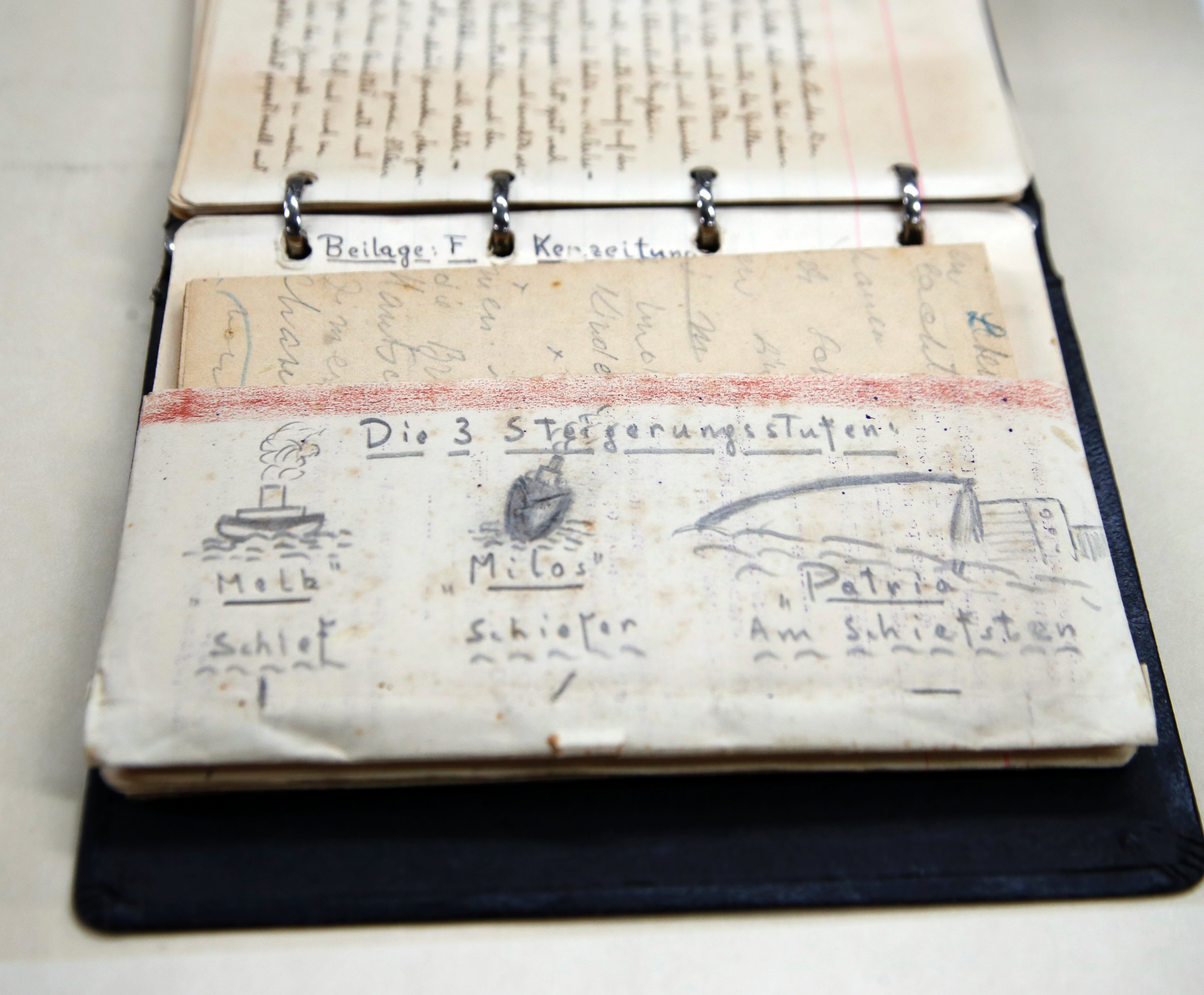 PHOTO: A page of Joseph Stripounsky's diary shows a pocket created on a page with extra pages inserted inside, at the Holocaust Memorial Museum in Washington, June 7, 2017.
