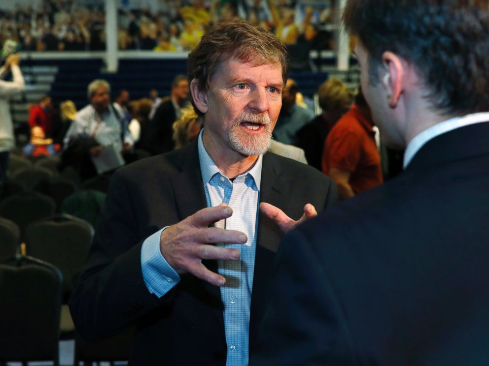 In this Nov. 8, 2017, file photo, Jack Phillips, owner of Masterpiece Cake, speaks to supporters after a rally on the campus of a Christian college in Lakewood, Colo.