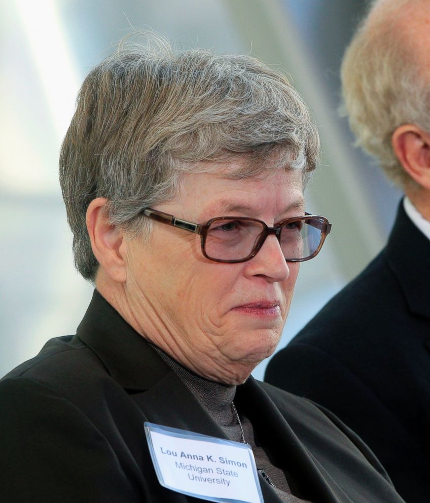 In this Nov. 9, 2012 file photo, Michigan State University President Lou Anna K. Simon attends an event in East Lansing, Mich.